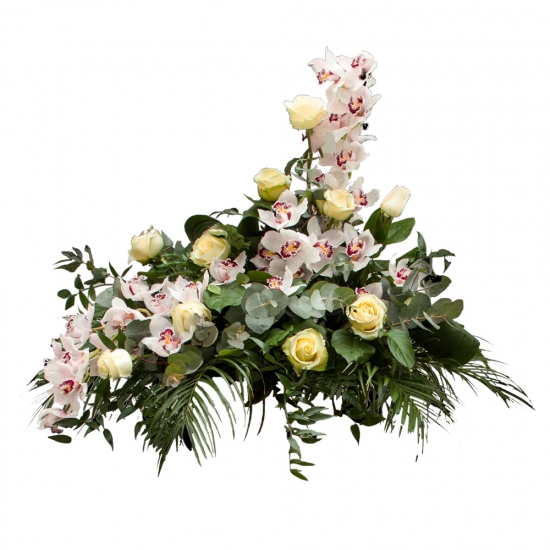 Aranjament floral funerar din trandafiri albi si orhidee alba